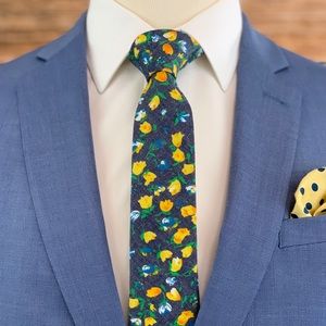 Men’s Blue Denim Style Yellow Floral Slim Necktie
